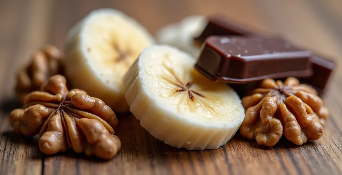 Nature morte d'aliments riches en tryptophane et vitamines B sur une table en bois