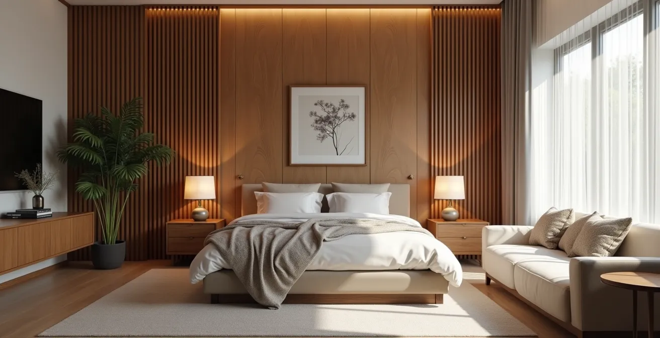 Salon transformé en espace nuit confortable avec paravent et lit médicalisé design