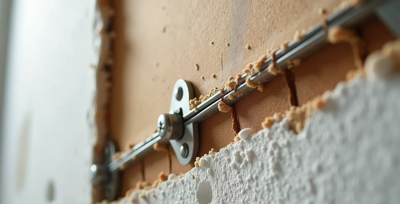 Coupe technique d'un mur en placo montrant les montants métalliques et zones de renfort