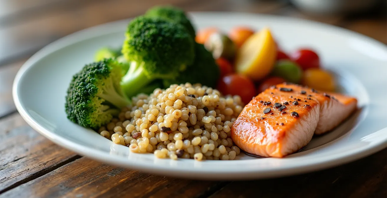 Assiette colorée avec portions équilibrées de protéines, légumes et céréales complètes