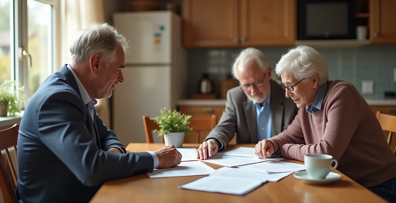 Conseiller AMO expliquant les documents d'aide au financement à un couple de seniors