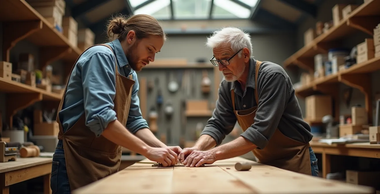 Senior transmettant un savoir-faire manuel à un jeune dans un atelier lumineux