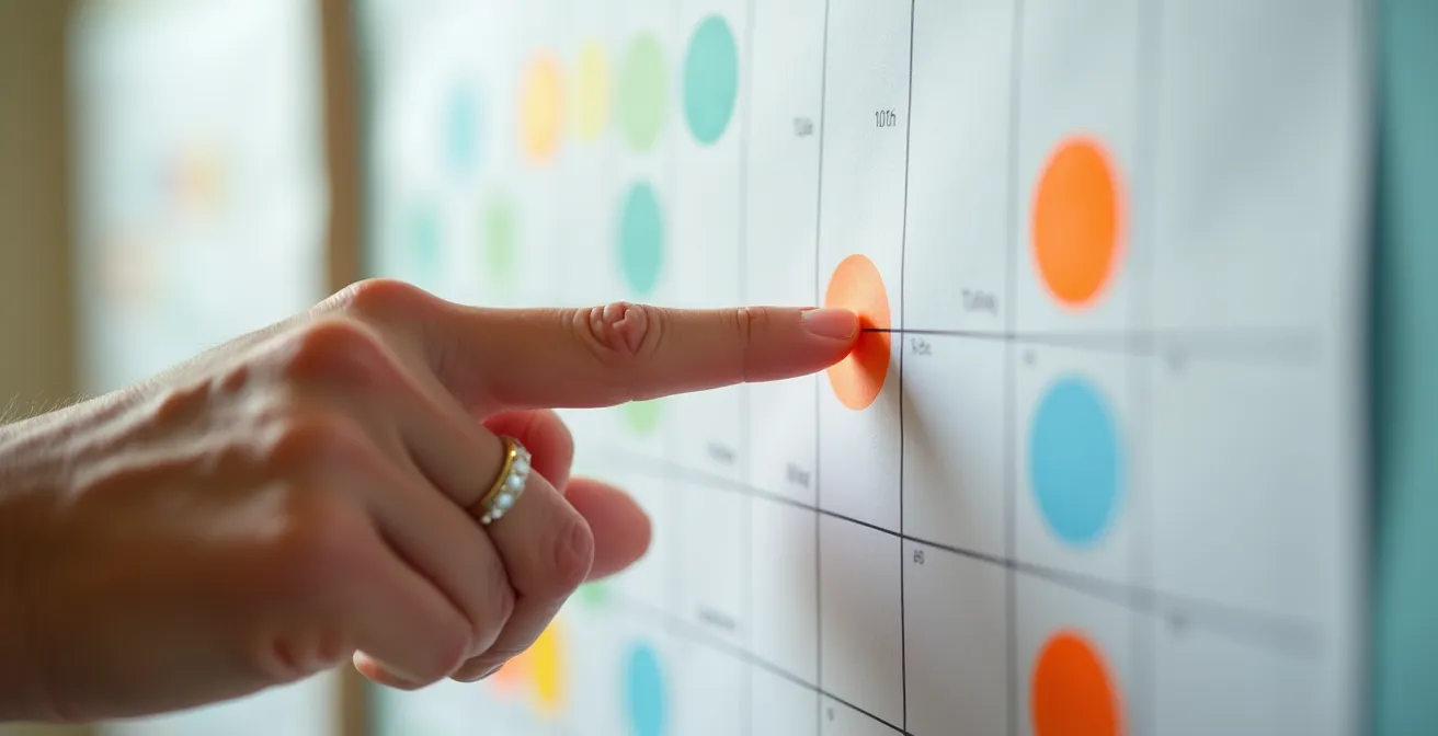 Un calendrier mural avec des marqueurs colorés et une main qui pointe une date