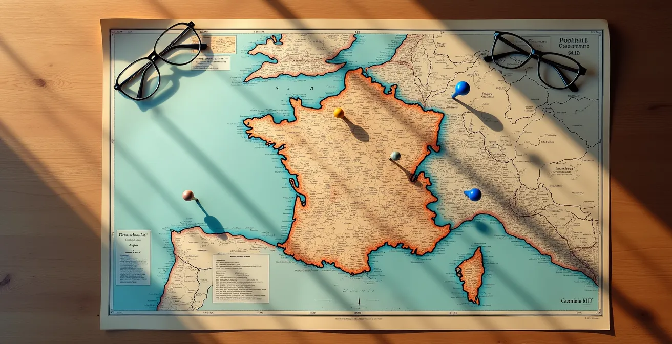 Vue aérienne d'une carte de France épinglée avec plusieurs marques colorées représentant différentes destinations possibles pour la retraite