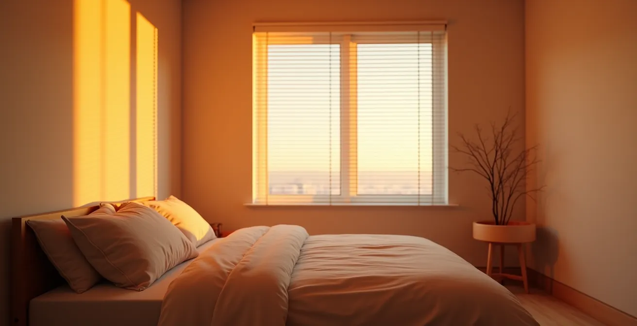 Chambre de senior baignée dans une lumière douce d'aube artificielle avec volets s'ouvrant progressivement