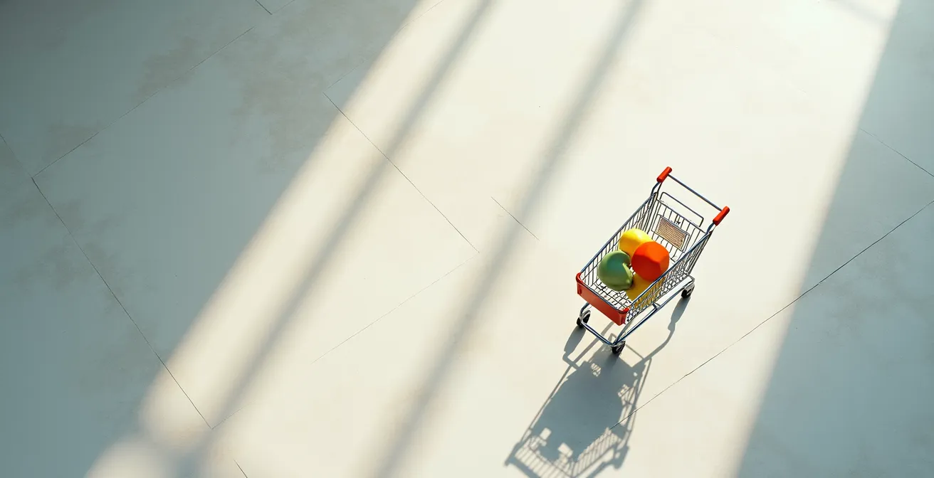 Vue aérienne minimaliste d'un caddie de supermarché dans un espace épuré avec ombres douces