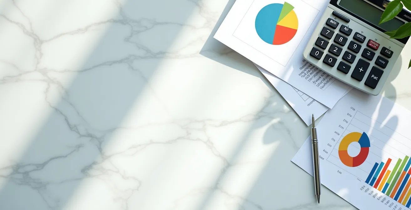 Vue aérienne d'une table de travail avec calculatrice et graphiques colorés