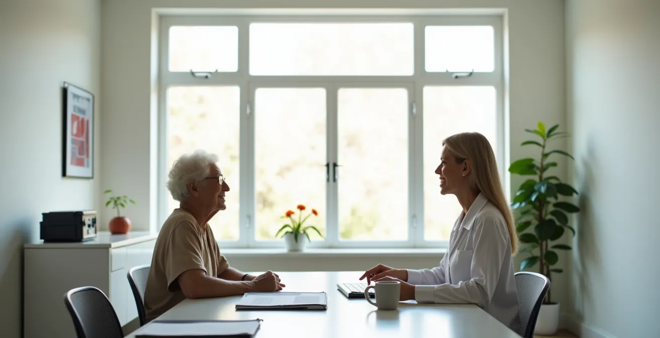 Une conseillère sociale échange avec un senior dans un bureau lumineux