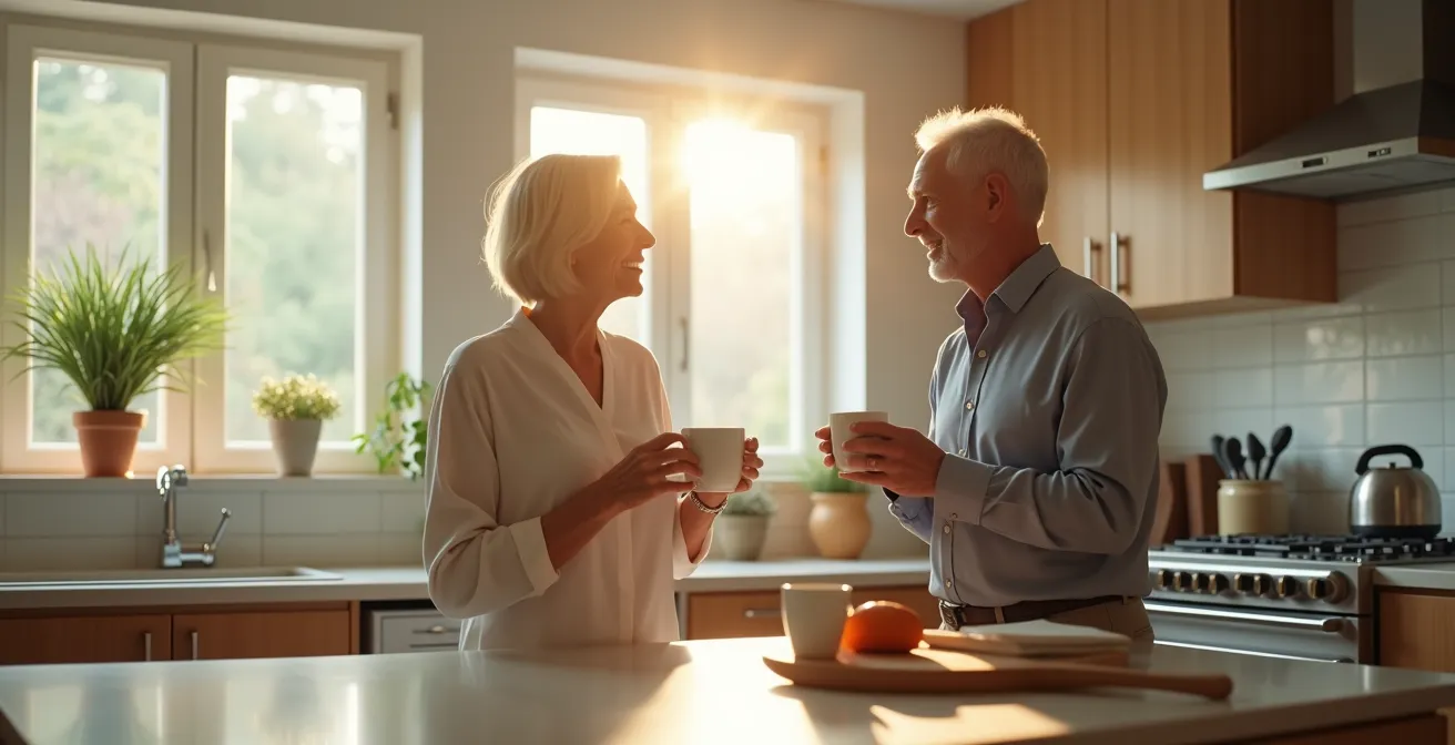 Couple senior partageant un café matinal dans leur cuisine lumineuse avant le départ au travail