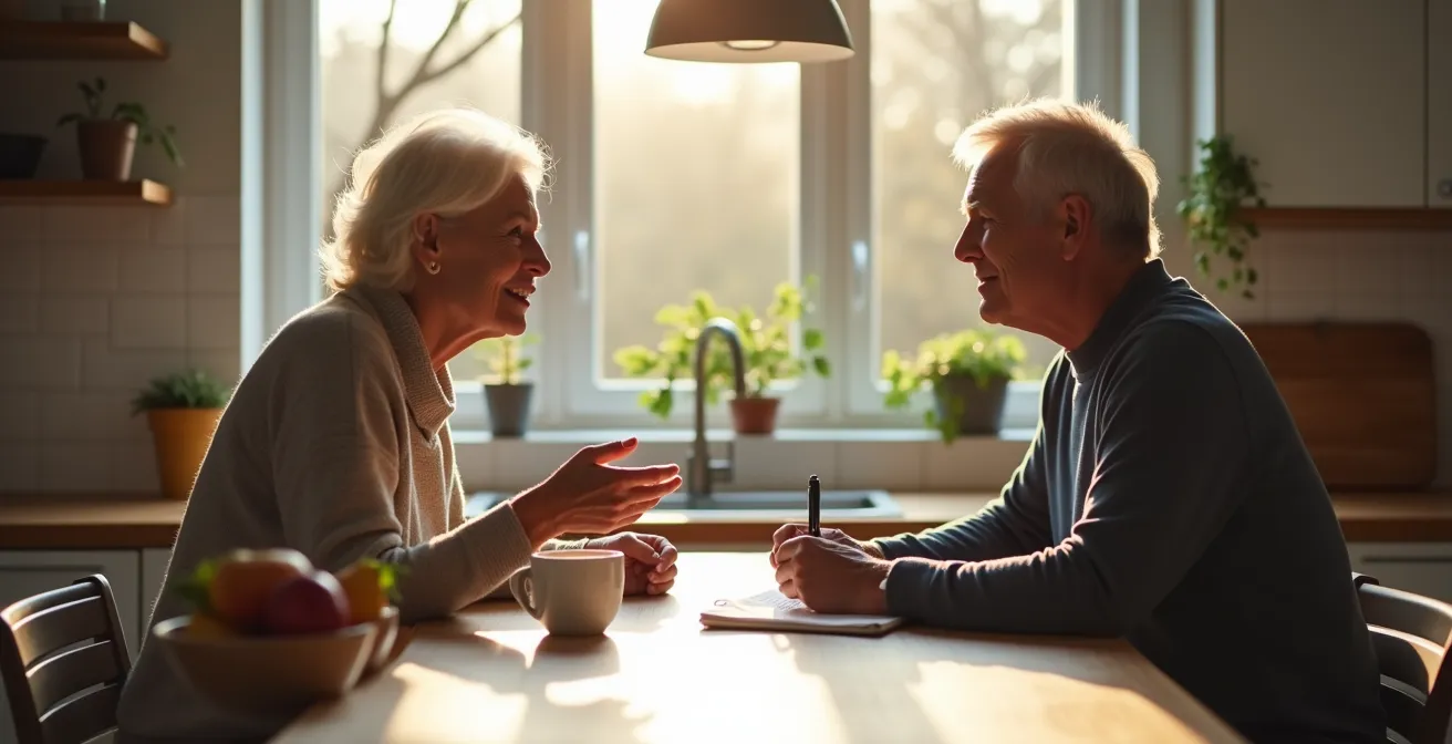 Couple de séniors ayant une discussion constructive autour de documents dans leur cuisine