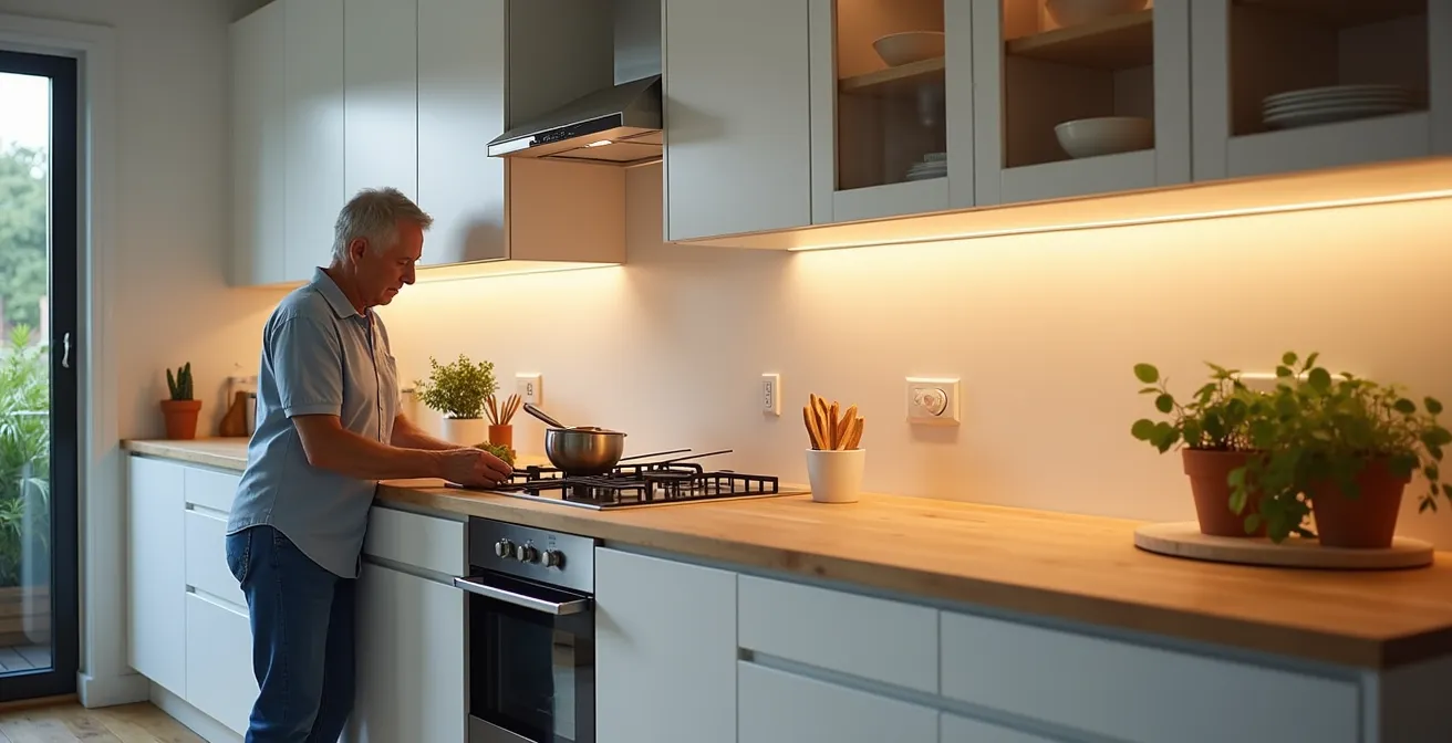 Cuisine avec éclairage sous les meubles hauts éliminant les ombres sur le plan de travail