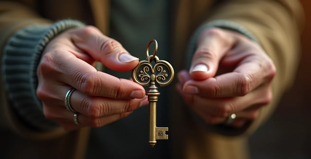 Gros plan sur des mains âgées transmettant symboliquement une clé ancienne à des mains plus jeunes