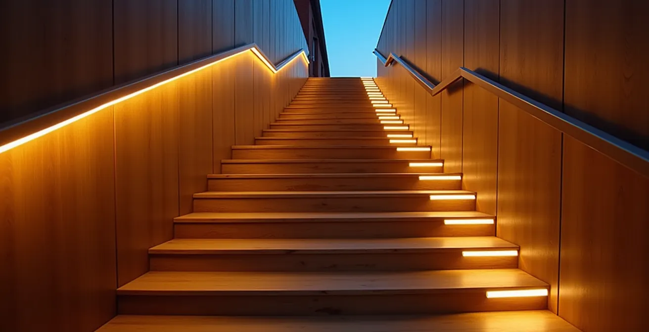 Escalier moderne avec éclairage LED intégré créant un guidage lumineux sécurisé