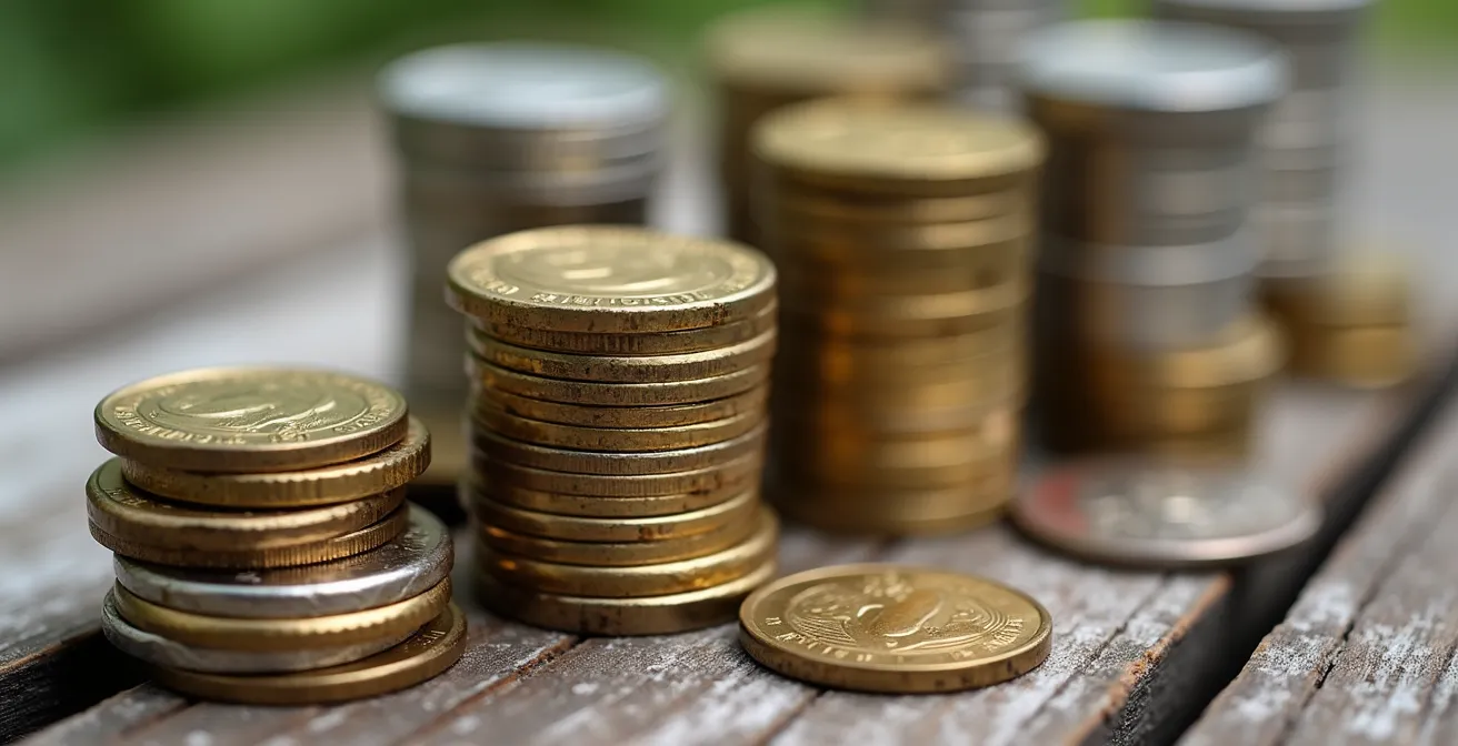 Pièces de monnaie empilées en équilibre précaire, symbolisant la balance entre risque et sécurité dans un portefeuille.