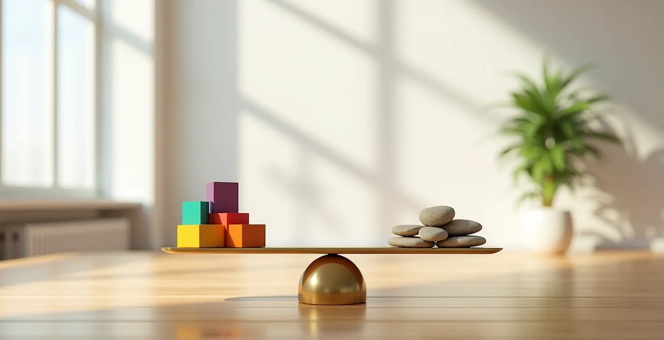 Balance en équilibre avec différents objets symbolisant la diversification patrimoniale