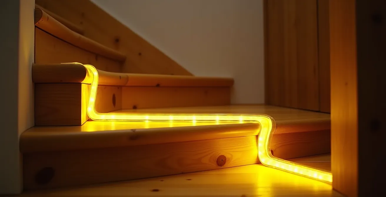 Escalier équipé de nez de marche contrastés jaunes et d'un éclairage LED intégré