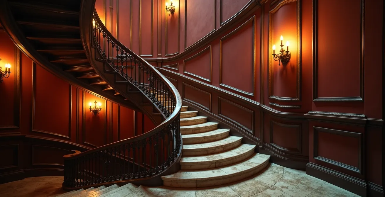 Vue d'un escalier de théâtre ancien avec rampe en fer forgé baigné dans une lumière dorée