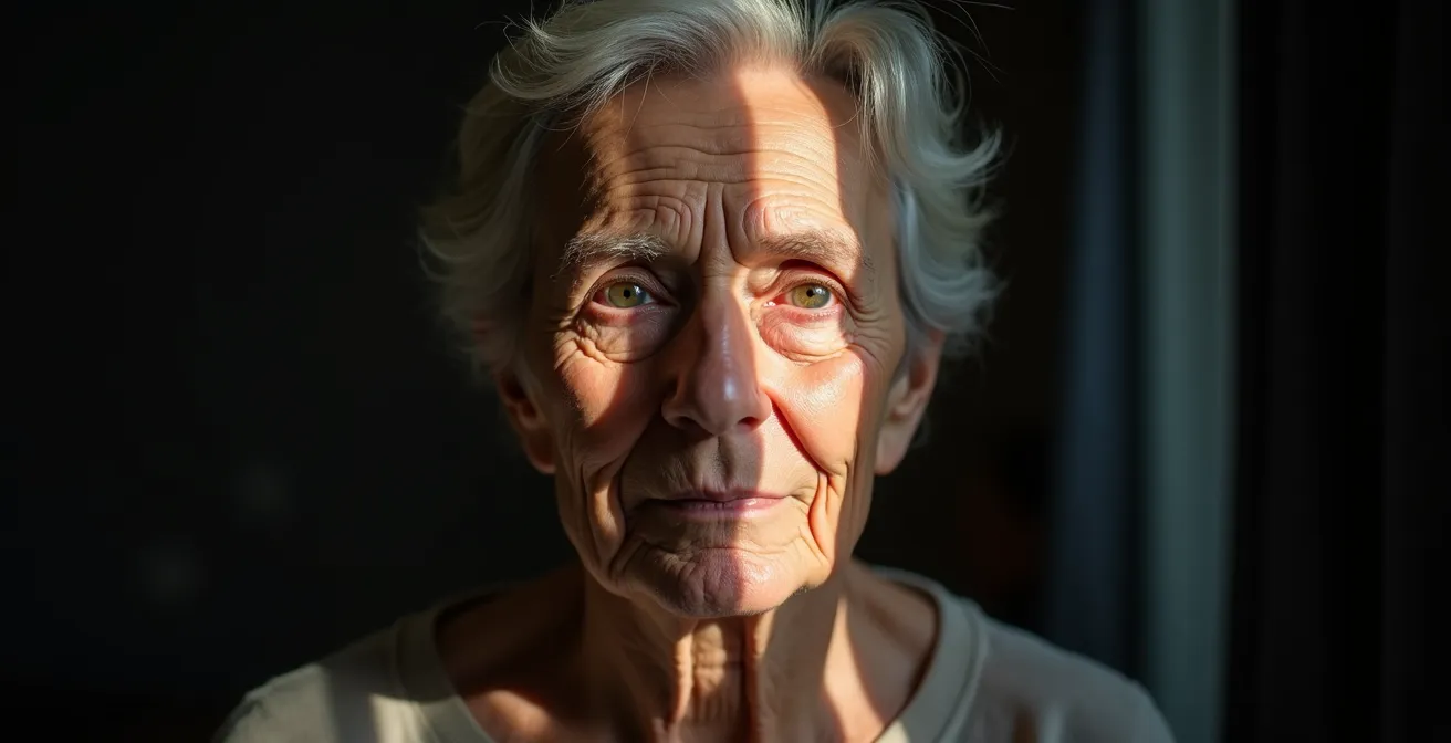 Personne senior dans quatre états émotionnels différents représentés par des jeux de lumière