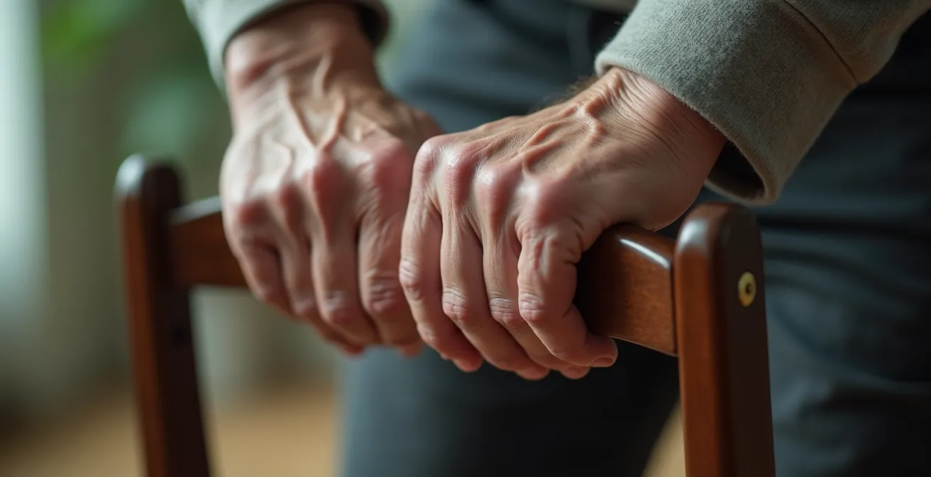 Homme senior effectuant des étirements doux près de son fauteuil dans un bureau à domicile