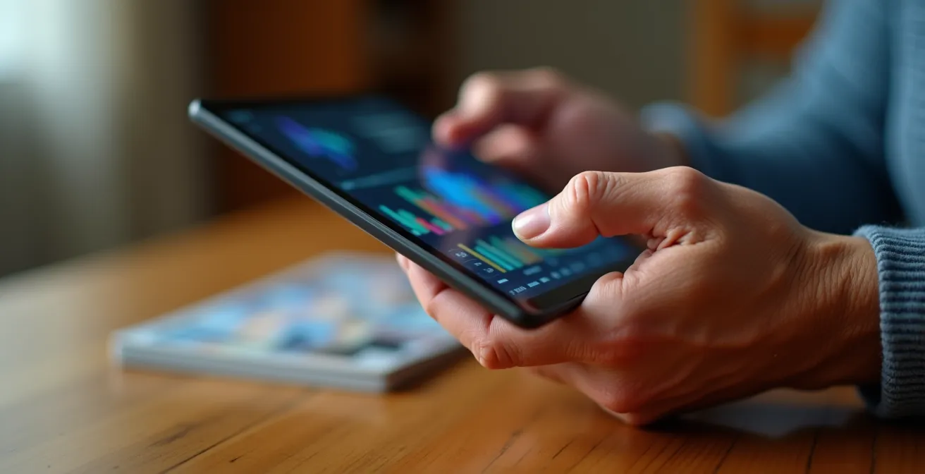 Mains de senior manipulant une tablette affichant des graphiques de tension