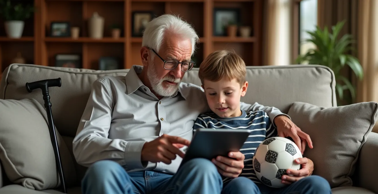 Grand-père montrant une stratégie de football sur tablette à son petit-fils dans le salon