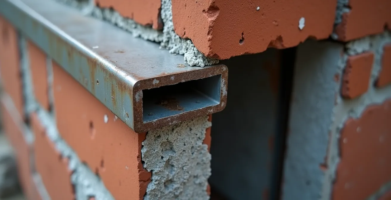 Vue rapprochée d'une ouverture de porte en cours d'élargissement avec linteau métallique visible