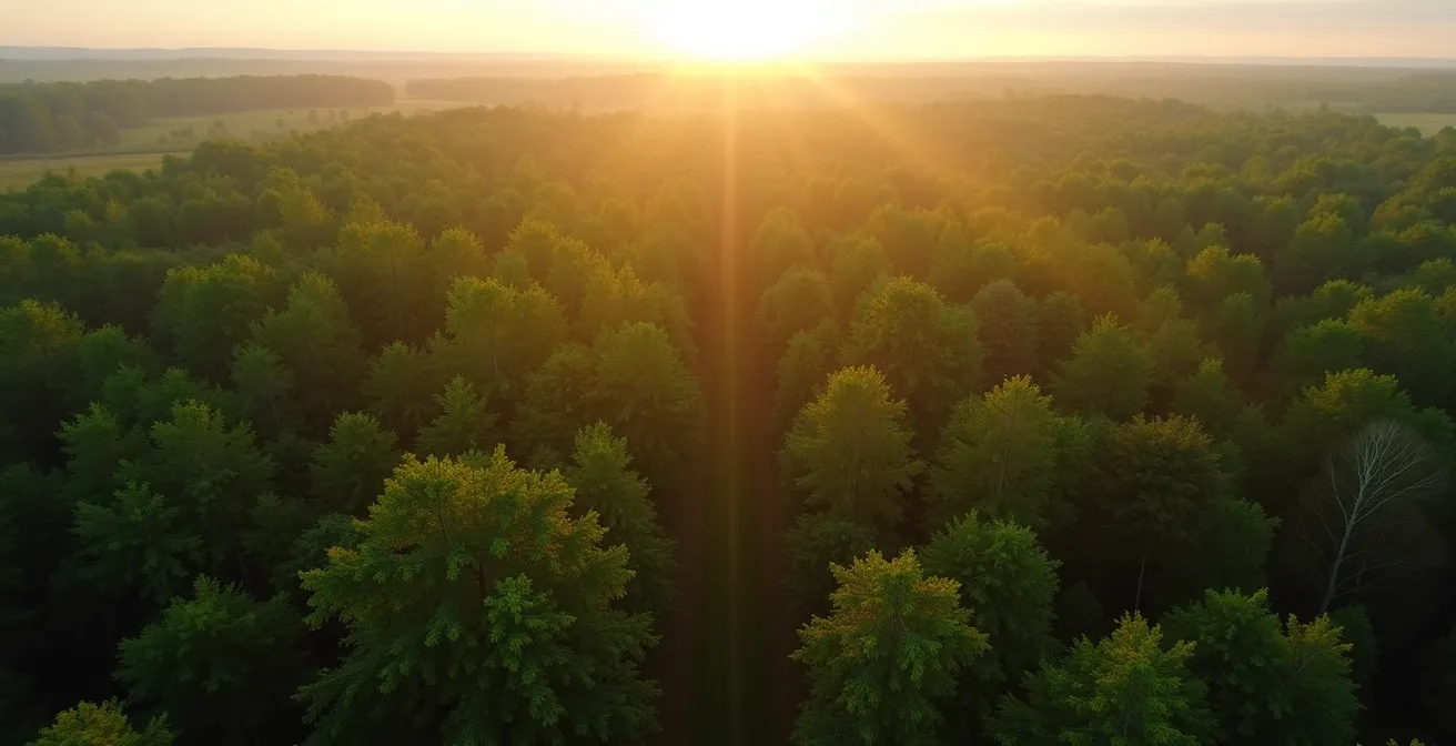 Vue aérienne d'une forêt française avec des sentiers naturels et une lumière dorée filtrant à travers les arbres