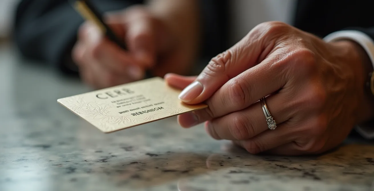 Main d'une personne senior présentant une carte d'abonnement au guichet d'un musée