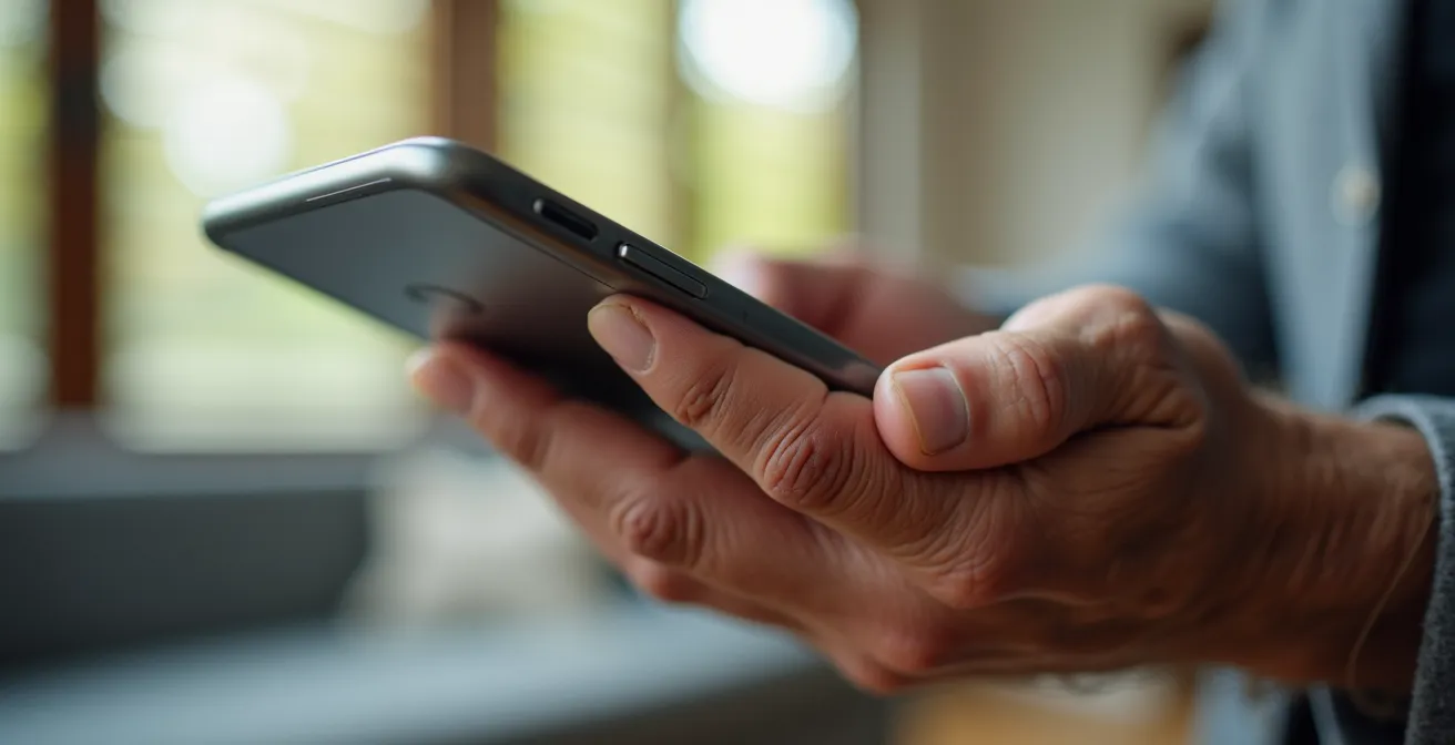 Main tenant un smartphone montrant une interface de contrôle domotique floue