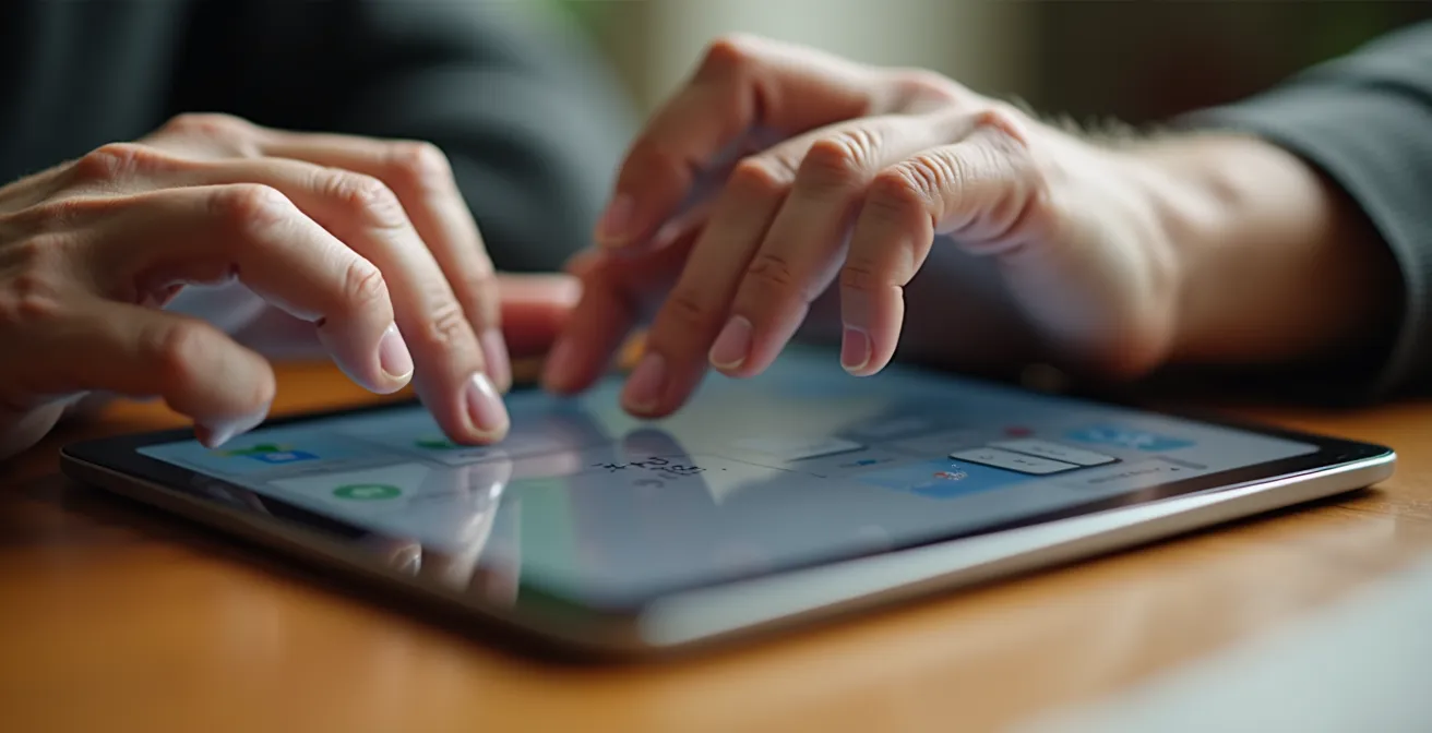 Mains d'une personne âgée utilisant une tablette avec une interface simplifiée à gros boutons, symbolisant la facilité d'utilisation.