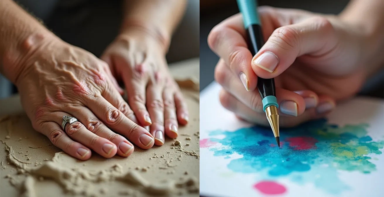 Comparaison visuelle de mains de seniors travaillant l'argile et l'aquarelle