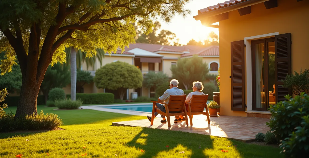 Vue large d'une maison avec jardin où un couple de seniors profite de leur terrasse
