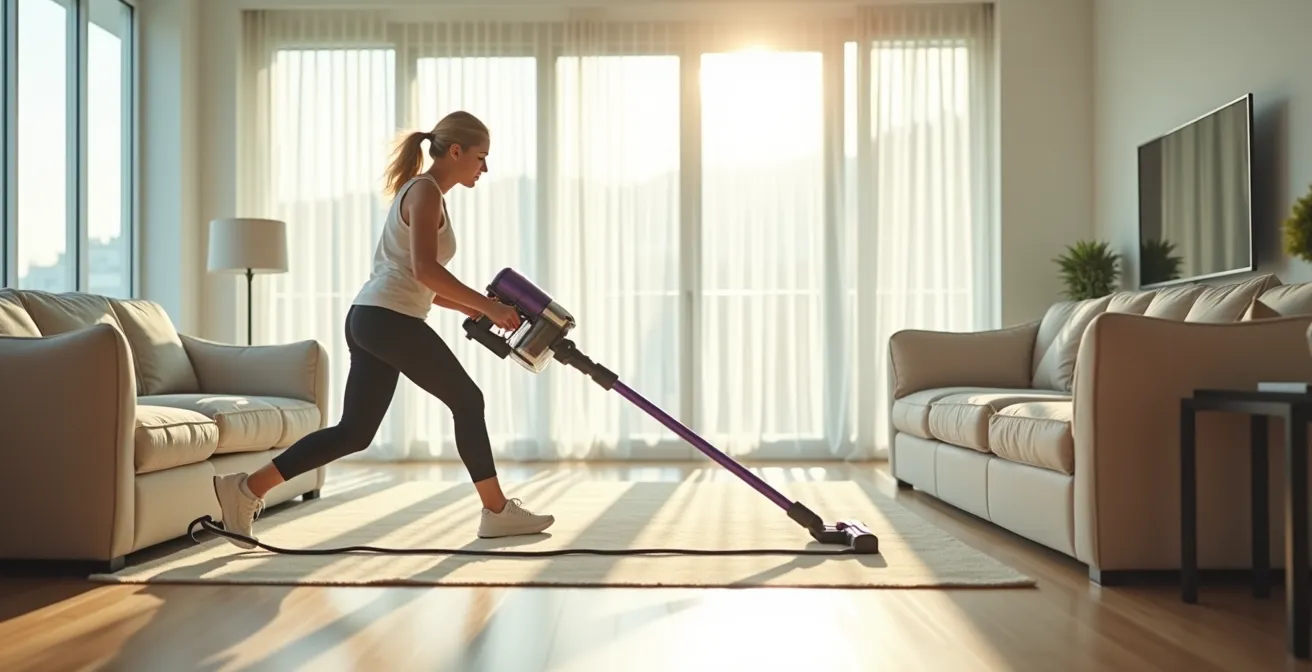 Senior femme passant l'aspirateur avec des mouvements amples et dynamiques dans un salon lumineux