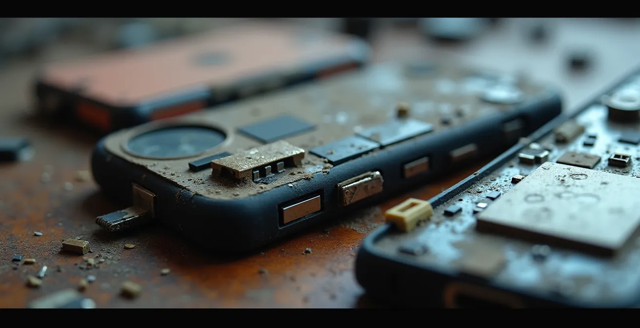 Détail macro d'objets connectés abandonnés montrant textures et matériaux