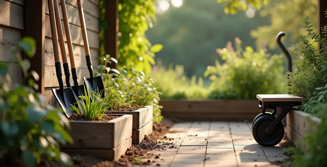 Outils de jardinage ergonomiques et bacs de culture surélevés dans un jardin ensoleillé