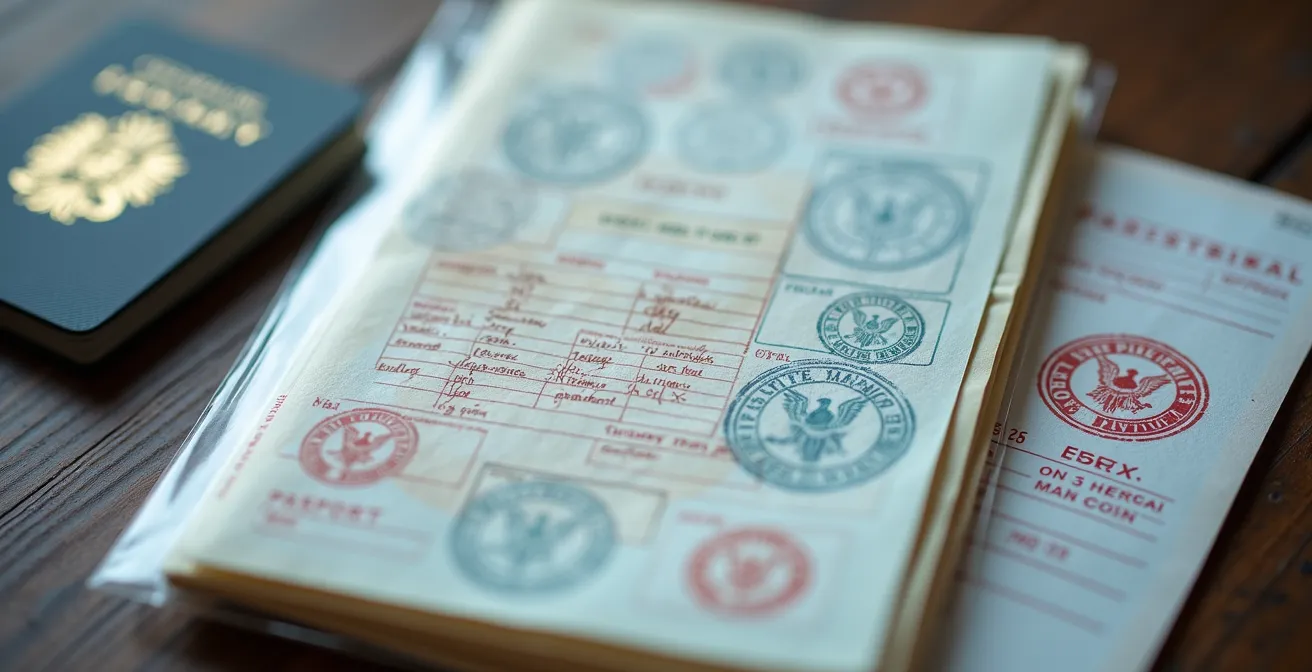 Documents médicaux organisés dans une pochette de voyage avec passeport et ordonnances