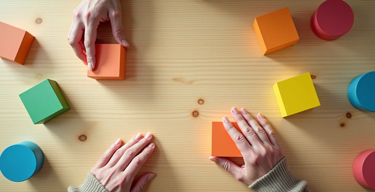 Vue aérienne d'un bureau avec des blocs colorés représentant différentes activités de la journée