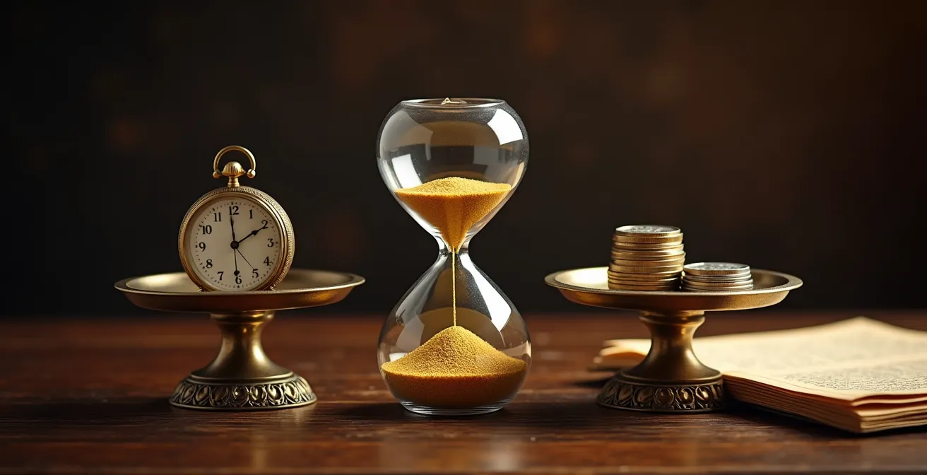 Représentation symbolique du point mort d'une rente viagère avec sablier et calculatrice