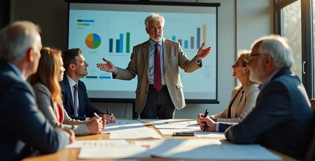 Senior présentant un projet avec documents et graphiques lors d'une réunion de bureau de club
