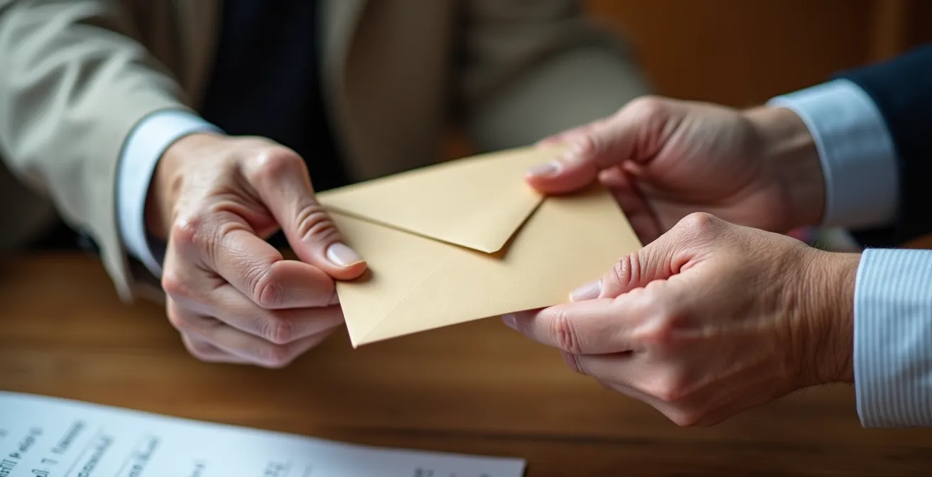Gros plan sur des mains échangeant une enveloppe avec des documents fiscaux flous en arrière-plan