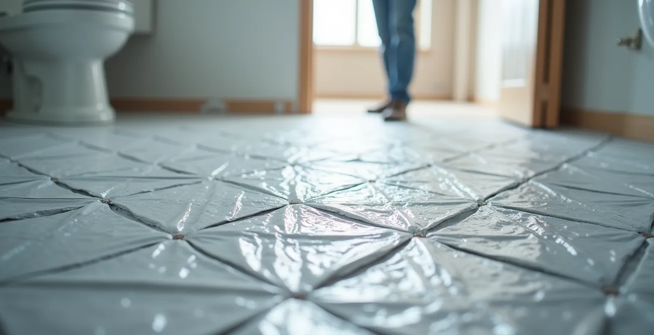 Chantier de rénovation de salle de bain protégé avec bâches et films plastiques