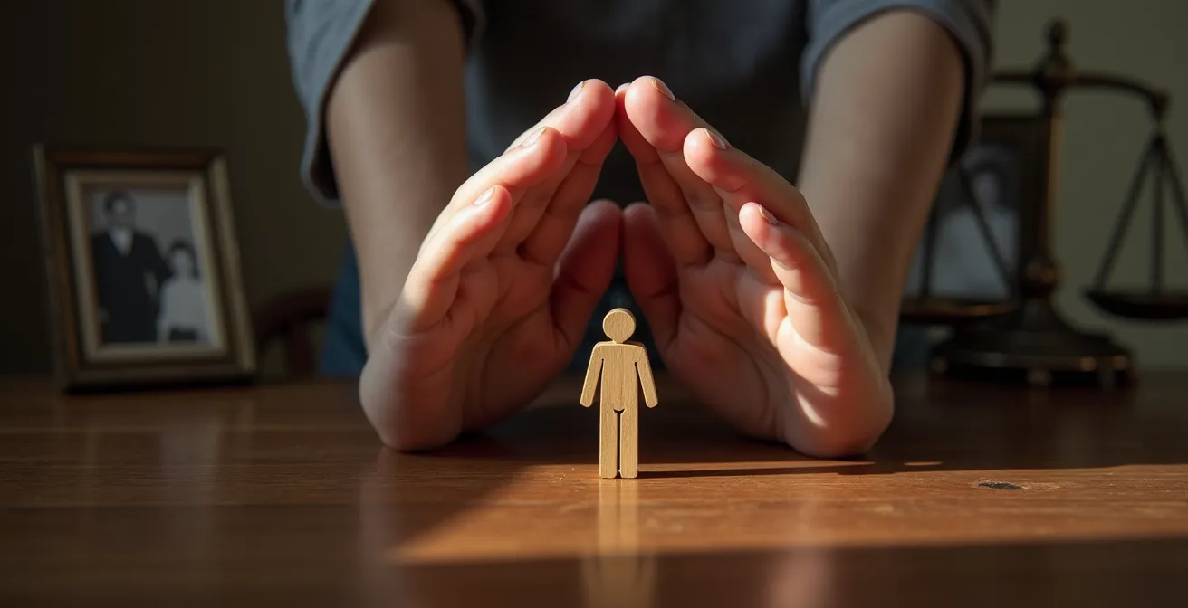 Scène symbolique de protection familiale avec mains d'adulte entourant délicatement une figurine représentant un enfant