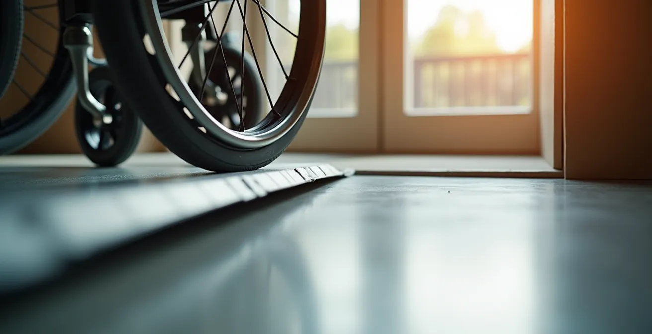 Gros plan sur une rampe d'accès en aluminium installée au niveau d'un seuil de porte