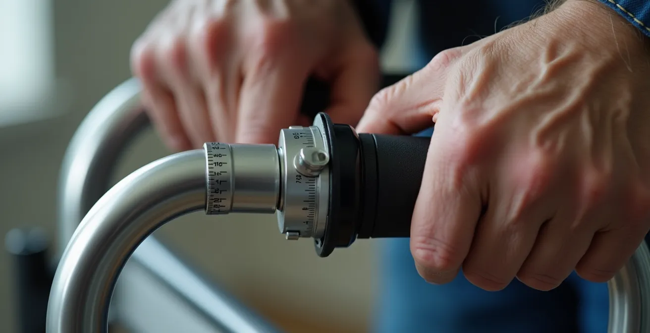 Vue latérale d'une personne ajustant la hauteur des poignées d'un rollator avec une posture droite