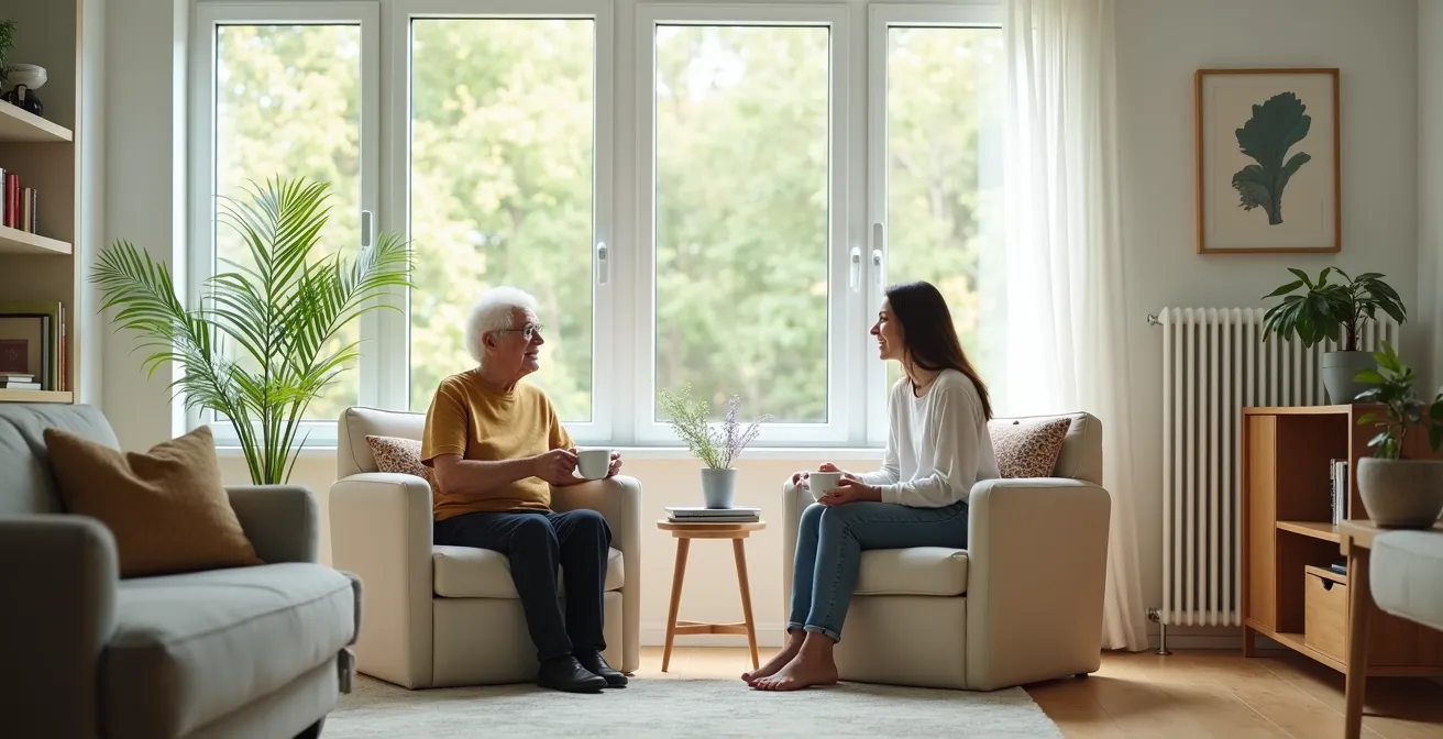 Senior et jeune étudiant discutant dans un salon lumineux autour d'une tasse de thé