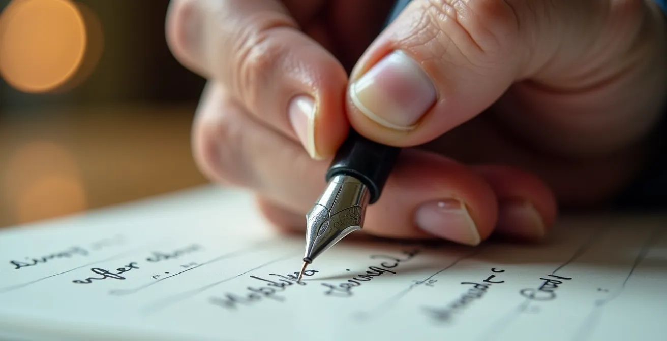 Vue macro d'une main senior corrigeant délicatement un document manuscrit lors d'un atelier d'écriture