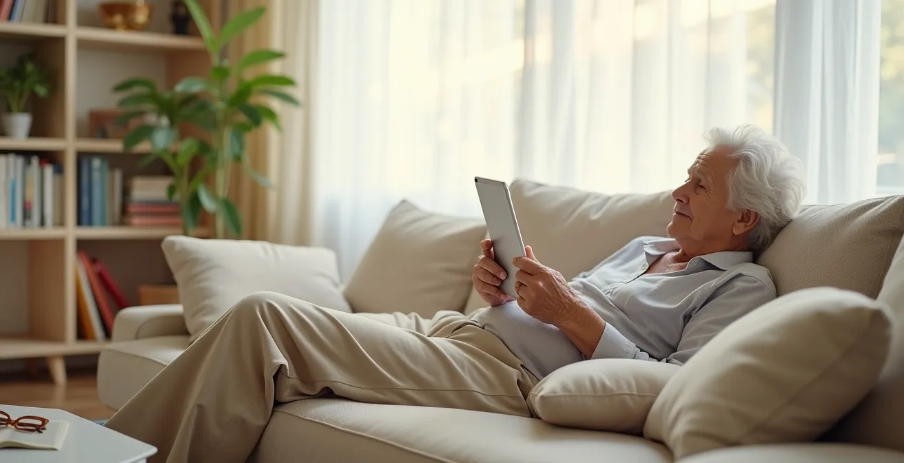 Personne âgée détendue sur un canapé, utilisant une tablette posée sur un support-coussin, illustrant un usage confortable et sans tension.