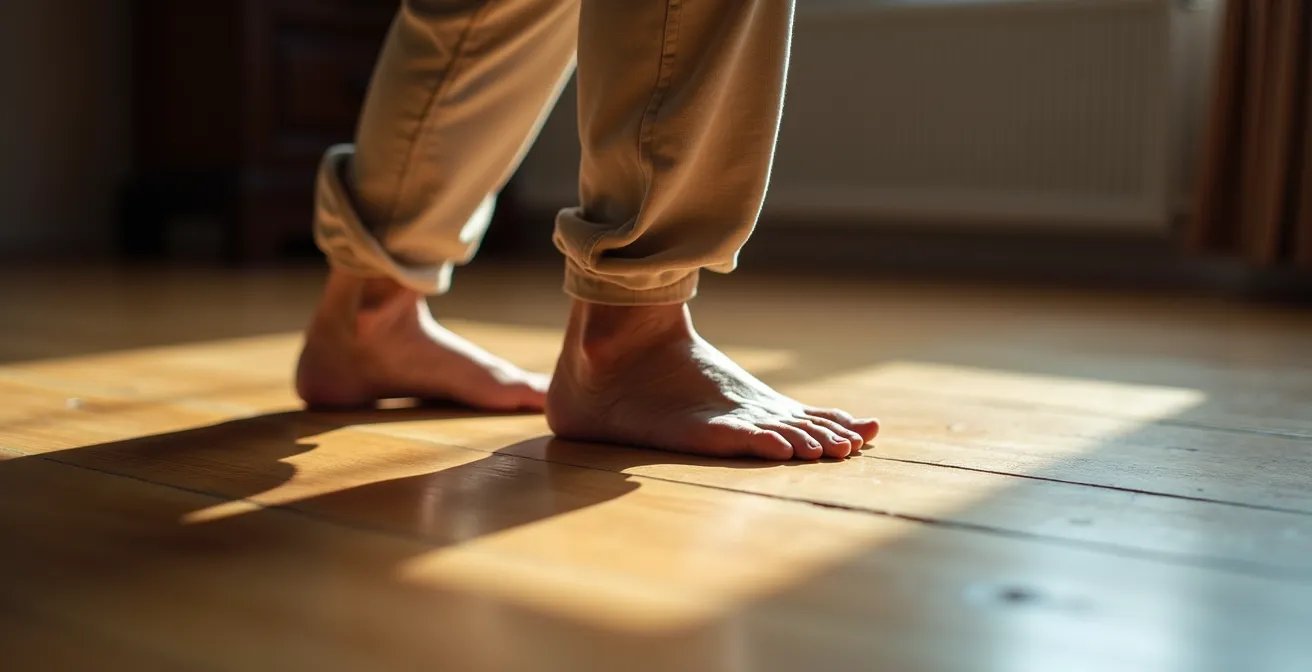 Personne âgée effectuant un transfert de poids en Tai Chi, vue macro sur les pieds et chevilles