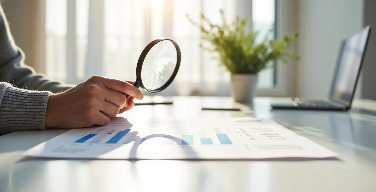 Personne senior examinant attentivement un contrat d'assurance avec une loupe sur un bureau