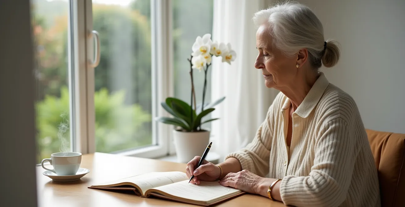 Personne âgée écrivant dans un carnet près d'une fenêtre avec vue sur jardin